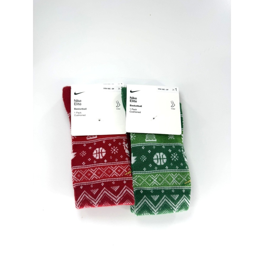 Nike Elite Socks Youth 10C-3Y‎ Red Green Crew Christmas Basketball 2 Pairs NEW